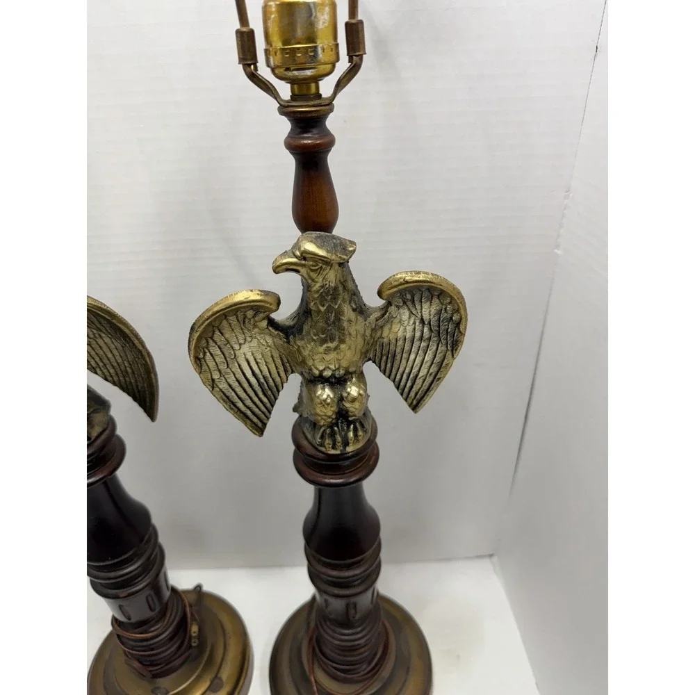 Vintage Set Federal Bald Eagle Table Lamps Wood Metal Patriotic 32 In Americana